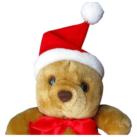 Vintage Sasco Christmas Teddy Bear Plush Stuffed Animal With Santa Hat & Red Bow - Picture 11 of 14